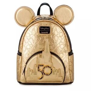 Loungefly × Disney World 50th Backpack Mickey Castle Leather Gold NEW